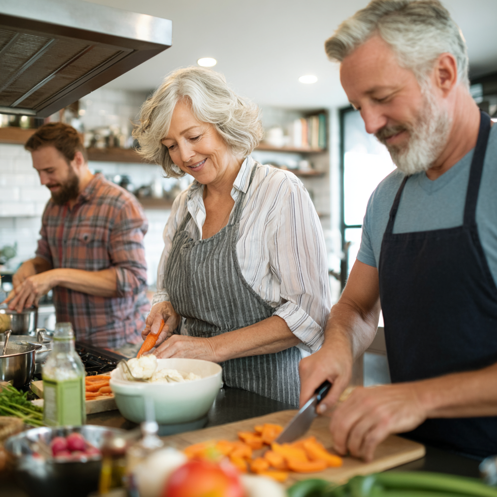 Middle-aged adults preparing nutritious meals together in bright kitchen