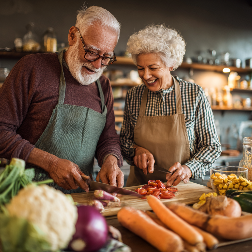 Older adults enjoying healthy meal planning session with nutritious ingredients